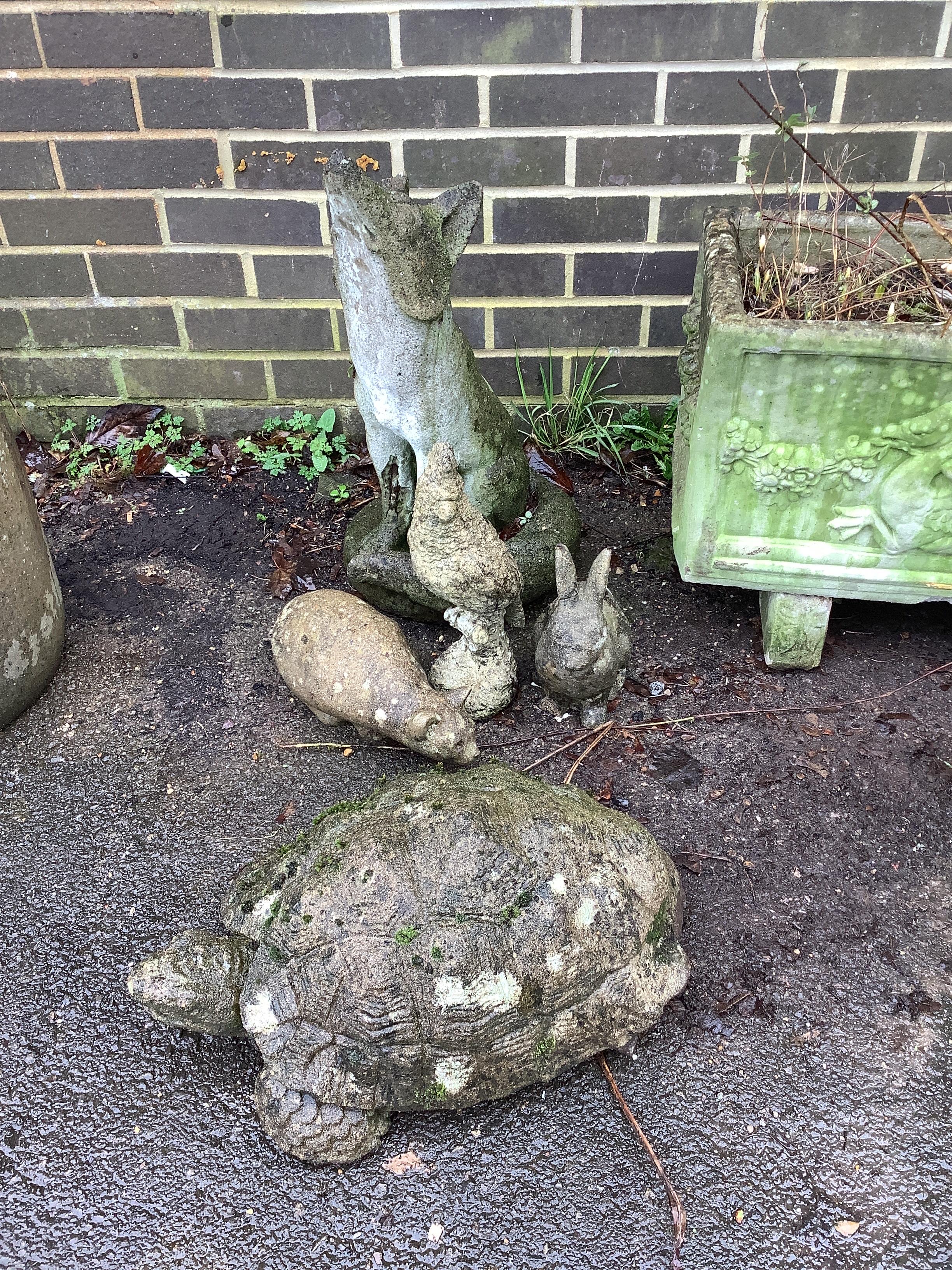 Five reconstituted stone garden animal ornaments, largest height 60cm